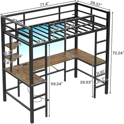 Twin Loft Bed with Desk and Outlets - Space-Saving Design with LED Lights