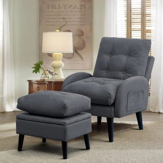 Grey Wingback Accent Chair with Ottoman, 5-Position Adjustable Backrest, Storage Ottoman, Solid Wood Frame, Modern Lounge Chair for Living Room, Office, or Bedroom