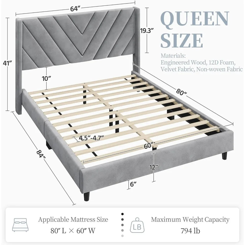 Velvet Upholstered Platform Bed with Wing Side Design – Sturdy, Squeak Resistant Frame, Foam-Padded Headboard, No Box Spring Needed