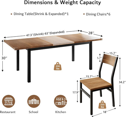 Modern Extendable Dining Table and 6 Chair Set for Dining Room, Living Room, and Kitchen