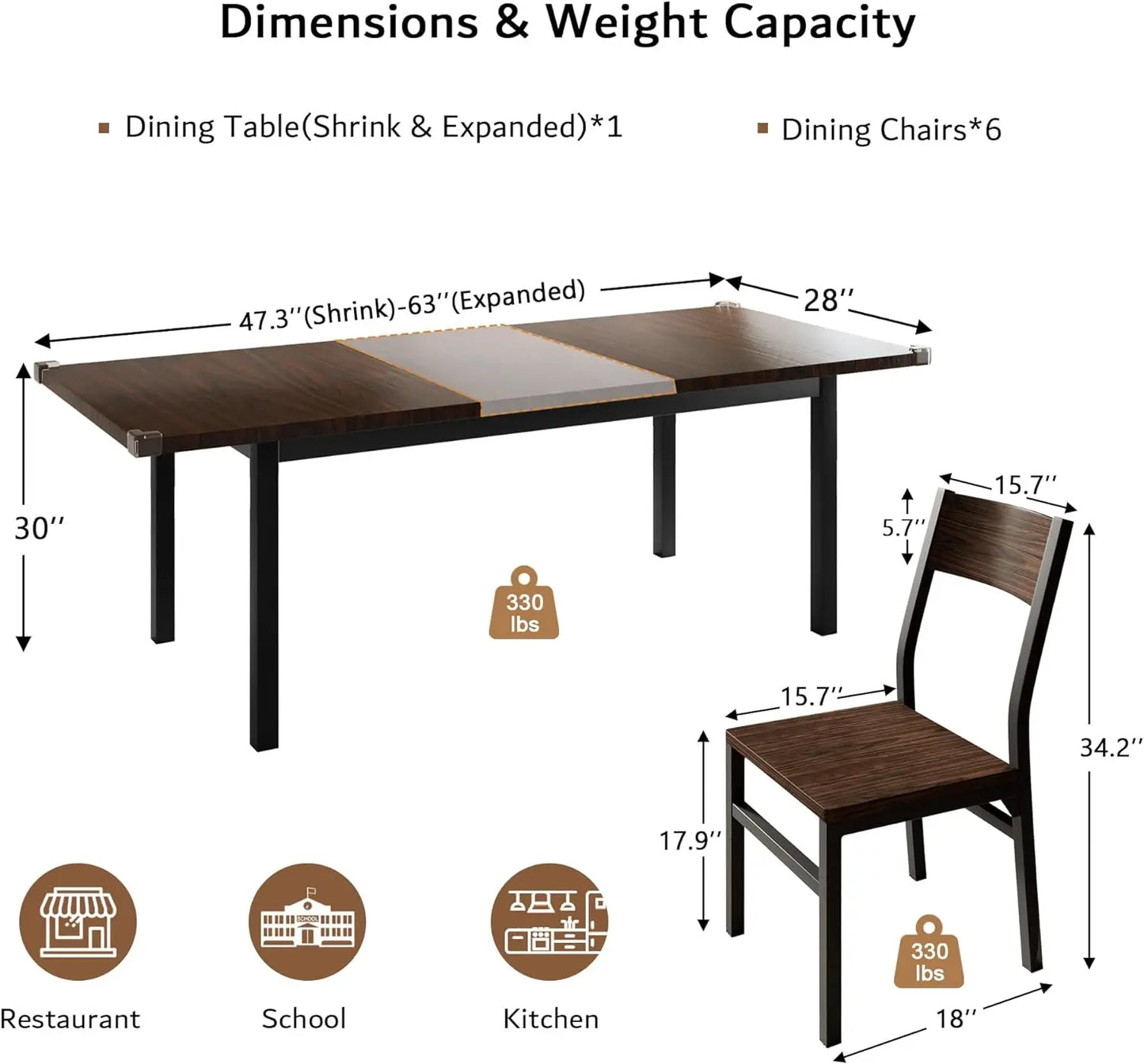 Extendable Modern Walnut Dining Table and Chair Set – 7-Piece Set for 4-8 Persons