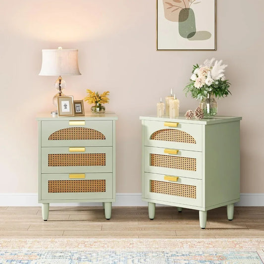 Mint Green Nightstand, 3-Drawer Rattan Night Stand Side Table, Accent Bedside Tables End Table for Bedroom and Small nightstand