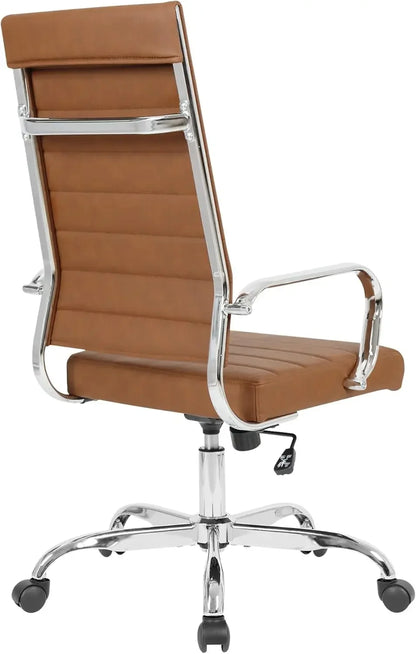 High Back Executive Office Chair with Adjustable Height, Ribbed Faux Leather, and Soft Padded Armrests – Chrome Brown