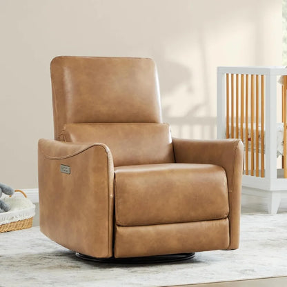 Faux Leather Power Glider Swivel Rocker Recliner Chair with USB Ports and Extended Footrest – Cognac Brown