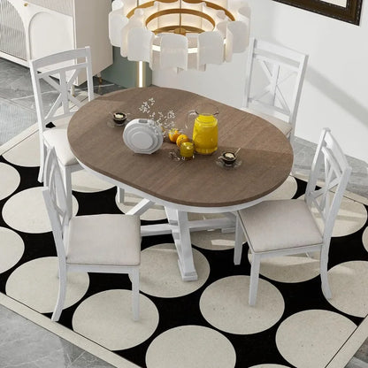Extendable Round Dining Table Set for 4-6, 5-Piece Solid Wood Dining Set with 12-Inch Leaf