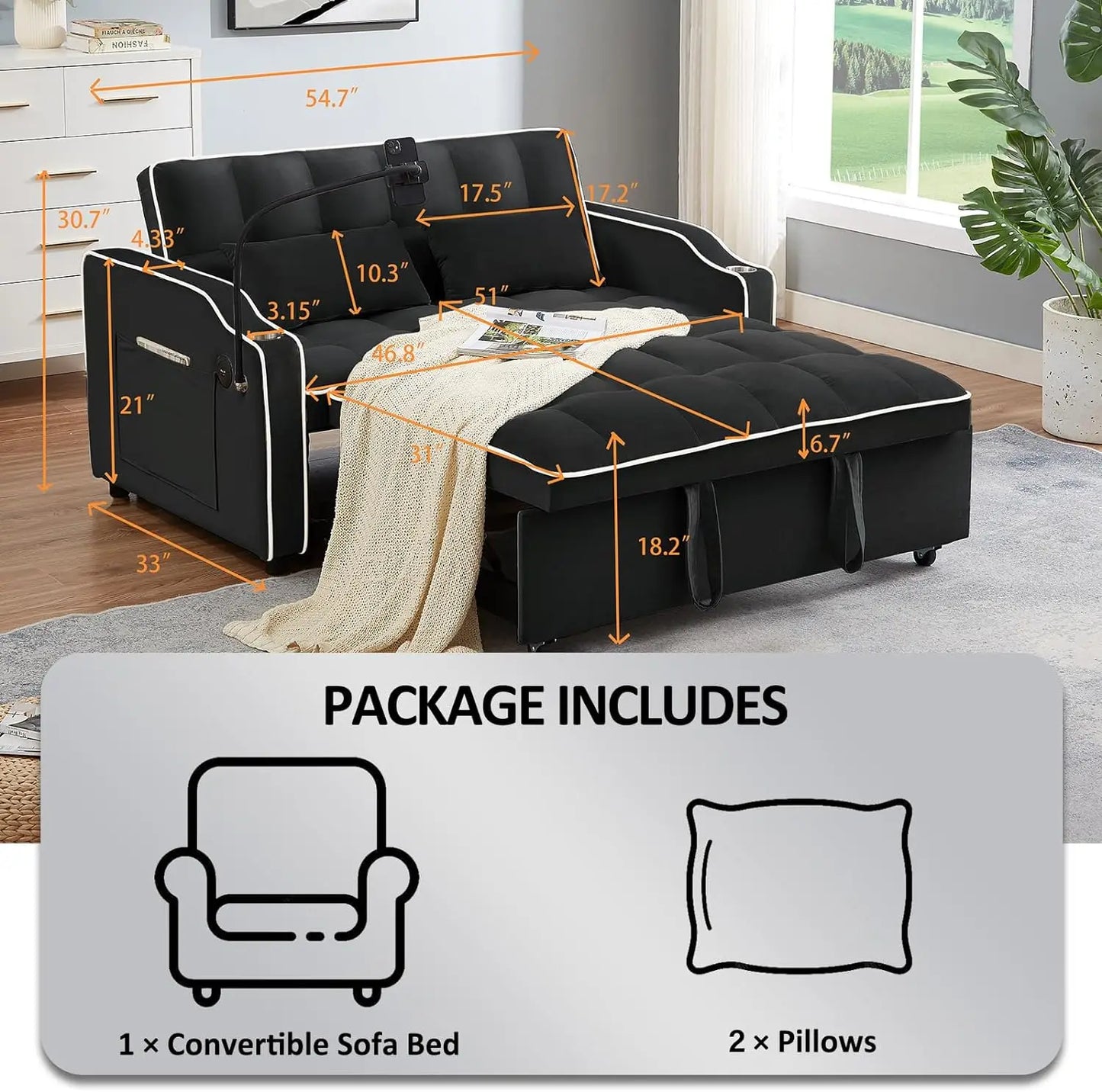 3-in-1 Velvet Sleeper Sofa – Convertible Loveseat with Pull-Out Bed, USB Port, and Ashtray