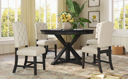 5-Piece Modern Retro Extendable Round Dining Table Set with 4 Upholstered Chairs