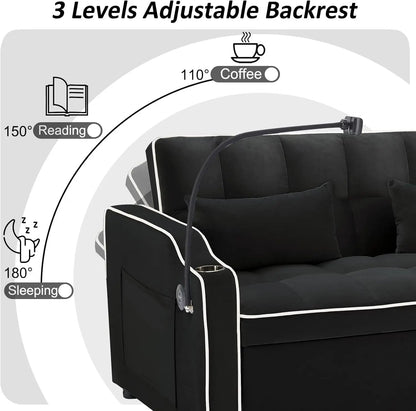 3-in-1 Velvet Sleeper Sofa – Convertible Loveseat with Pull-Out Bed, USB Port, and Ashtray