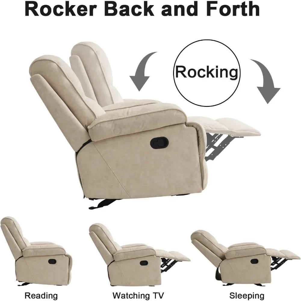 Modern Beige Rocking Recliner with Extra Large Footrests and Full Body Stretch