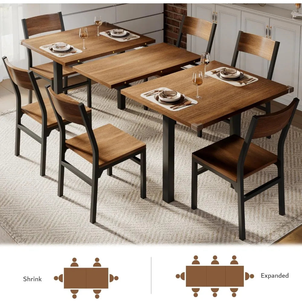 Extendable Modern Walnut Dining Table and Chair Set – 7-Piece Set for 4-8 Persons