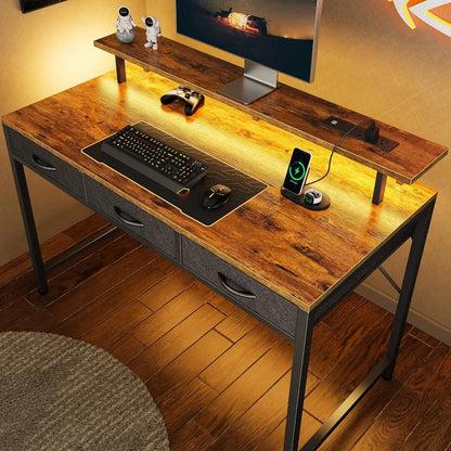 Modern Computer Desk with Built-in LED Lights, Power Outlets, and 3 Drawers – Solid Wood Office Desk for Working, Writing, and Gaming