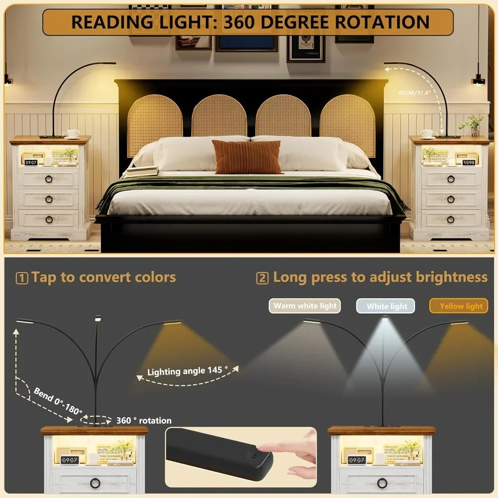 Modern Minimalist Nightstands with Charging Station and Flexible Reading Lamp