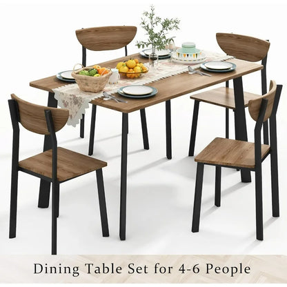 Kitchen Dining Table Set for 4, Modern Rectangular 5 Piece Dining Room Table and Chairs Set, Brown wooden Metal Table Set