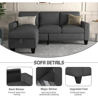 Modern Hemp Fabric Sofa – L-Shaped Sectional Sofa with Wide Seating and Low Seat Height, 78 Inches Wide