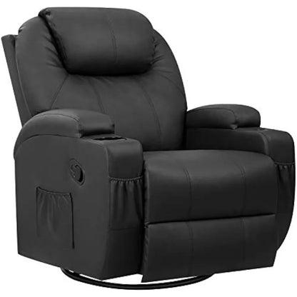 Dark Black Leather Recliner with Cup Holders, Swivel, and Massage Function