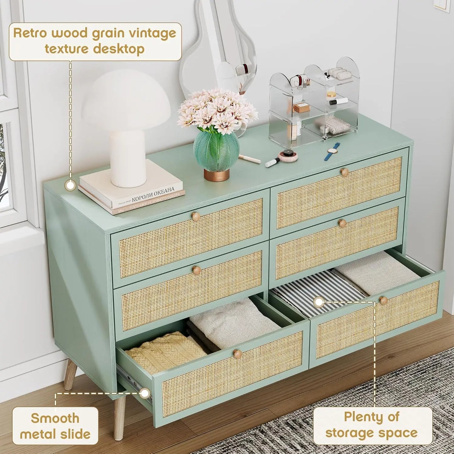 Vintage Natural Rattan 6 Drawers Dresser for Bedroom,  Boho Double Chest of Drawers with Wood Handles for Closet