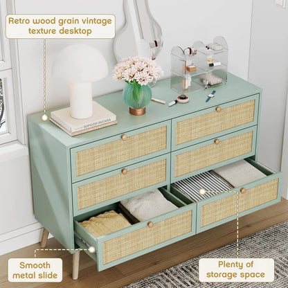 Vintage Natural Rattan 6 Drawers Dresser for Bedroom,  Boho Double Chest of Drawers with Wood Handles for Closet