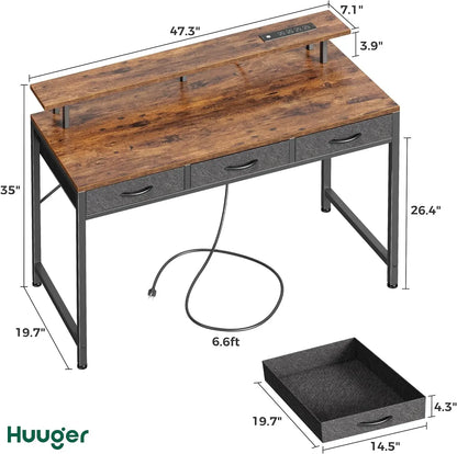 Modern Computer Desk with Built-in LED Lights, Power Outlets, and 3 Drawers – Solid Wood Office Desk for Working, Writing, and Gaming