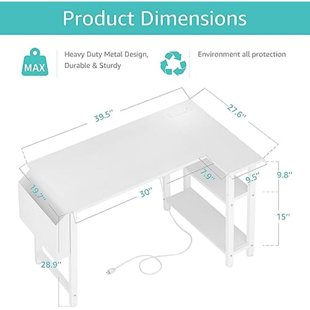 Modern L-Shaped Computer Desk with Built-in Power Strip and Storage Shelves – Wooden
