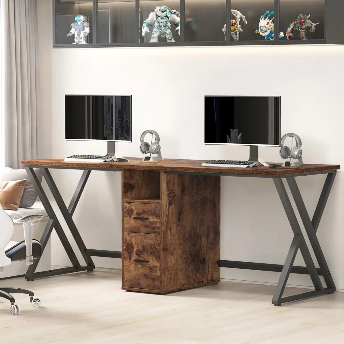 LVB Double Desk - Industrial Style Writing and Computer Desk with Storage