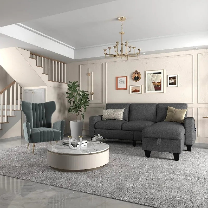 Modern Hemp Fabric Sofa – L-Shaped Sectional Sofa with Wide Seating and Low Seat Height, 78 Inches Wide