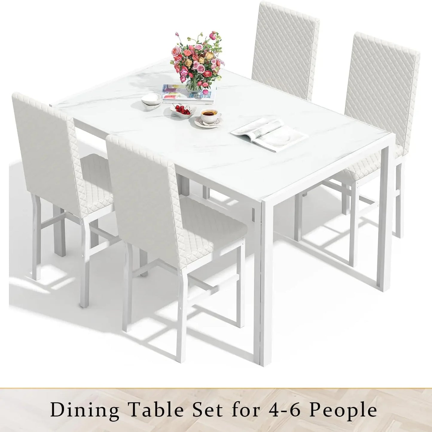 Kitchen Dining Table Set for 4, Modern Rectangular 5 Piece Dining Room Table and Chairs Set, Brown wooden Metal Table Set
