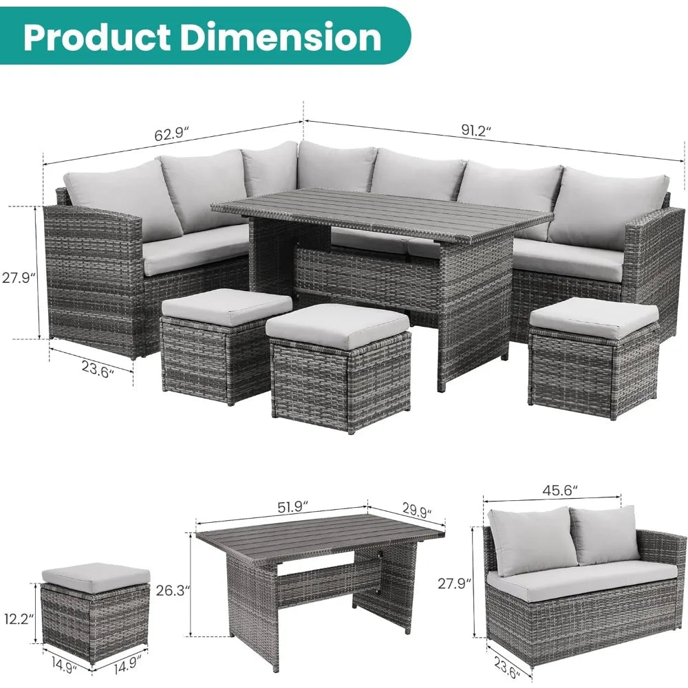 7-Piece Outdoor Patio Dining Set – PE Rattan and Wooden Table with Cushioned Loveseats and Ottomans, Seats 9