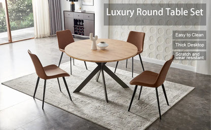 Mid-Century Modern 46" Round Dining Table Set – Solid Pine Wood Table with PU Leather Chairs, Durable MDF Top and Carbon Steel Legs