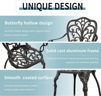 3-Piece Cast Aluminum Outdoor Bistro Table Set with Umbrella Hole