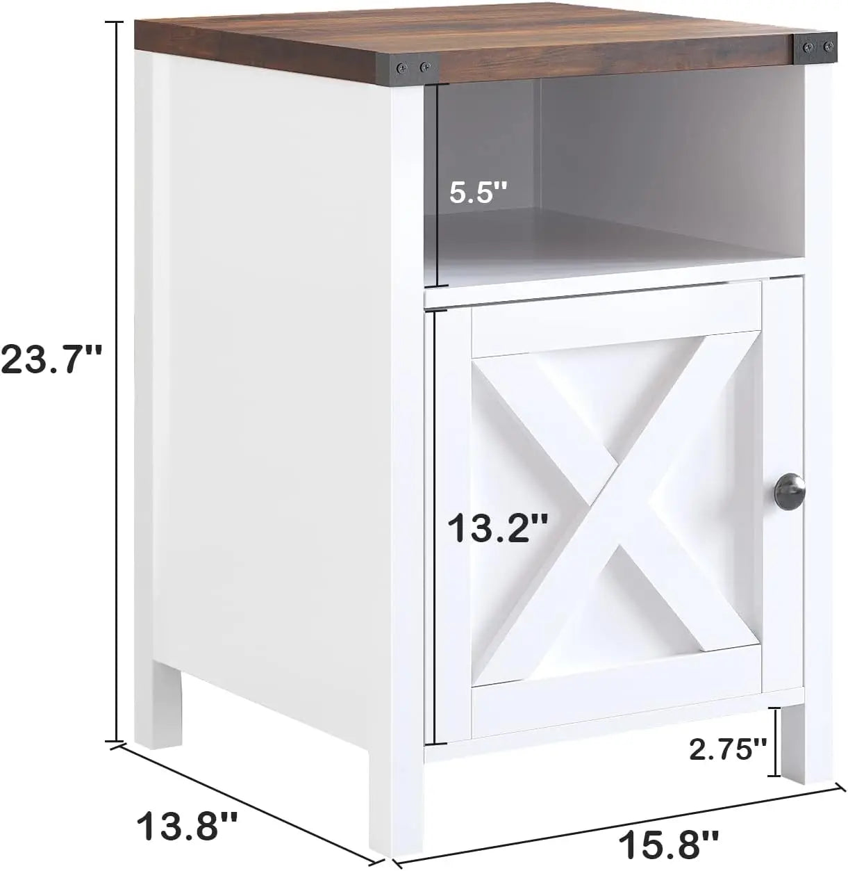 Farmhouse End Table, Set of 2, Rustic Night Stand with Barn Door and Storage Shelf, White End Table Side Table