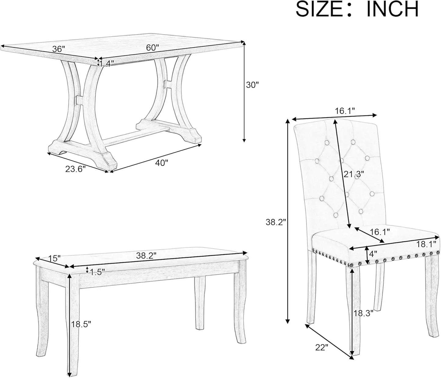 Farmhouse 6-Piece Dining Room Set – Rectangular Trestle Table, 4 Upholstered Chairs & Bench, Kitchen Furniture Set