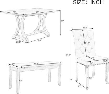 Farmhouse 6-Piece Dining Room Set – Rectangular Trestle Table, 4 Upholstered Chairs & Bench, Kitchen Furniture Set