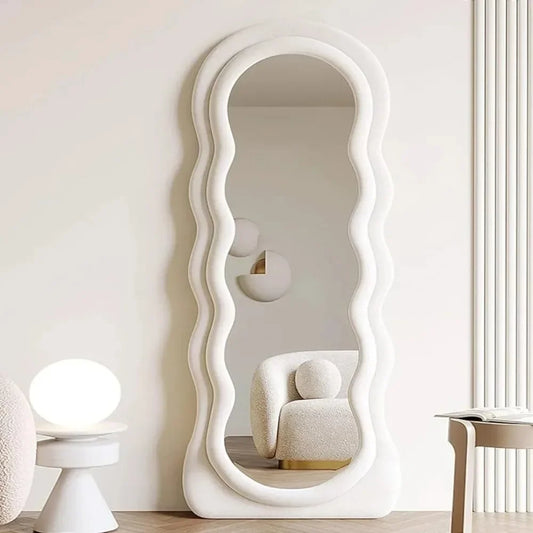 Mirror,Arched Top Large Mirror Full Body With Lights Flannel Frame Fashion Modern Design Wavy Wall Mirror Standing Living Room