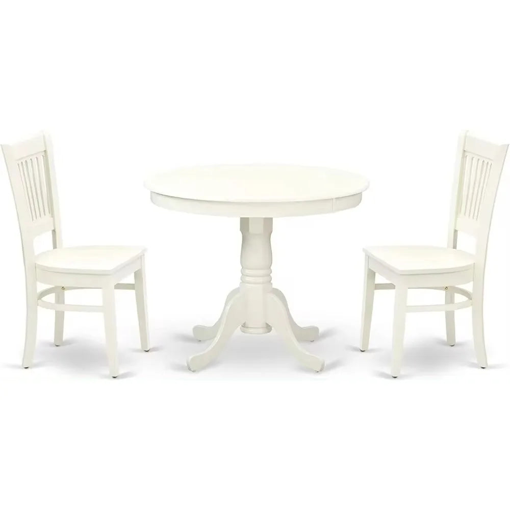 3-Piece Dining Room Set – Round Pedestal Table and 2 Wooden Chairs, 36"x36", Linen White