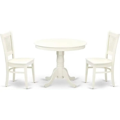 3-Piece Dining Room Set – Round Pedestal Table and 2 Wooden Chairs, 36"x36", Linen White