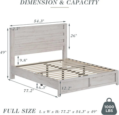 Vintage Farmhouse Bed Frame - Sturdy Platform Design with No Box Spring Needed