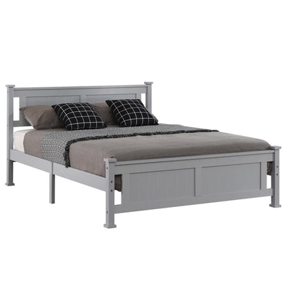 Solid Wood Bed Frame with Geometric Pattern Headboard – Available in Queen, Full, and Twin Sizes, Grey Finish, Easy Assembly, No Box Spring Needed