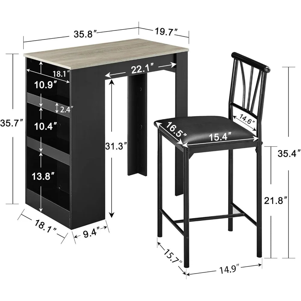 Retro Wooden 3-Piece Dining Table Set with Storage and Padded Bar Stools