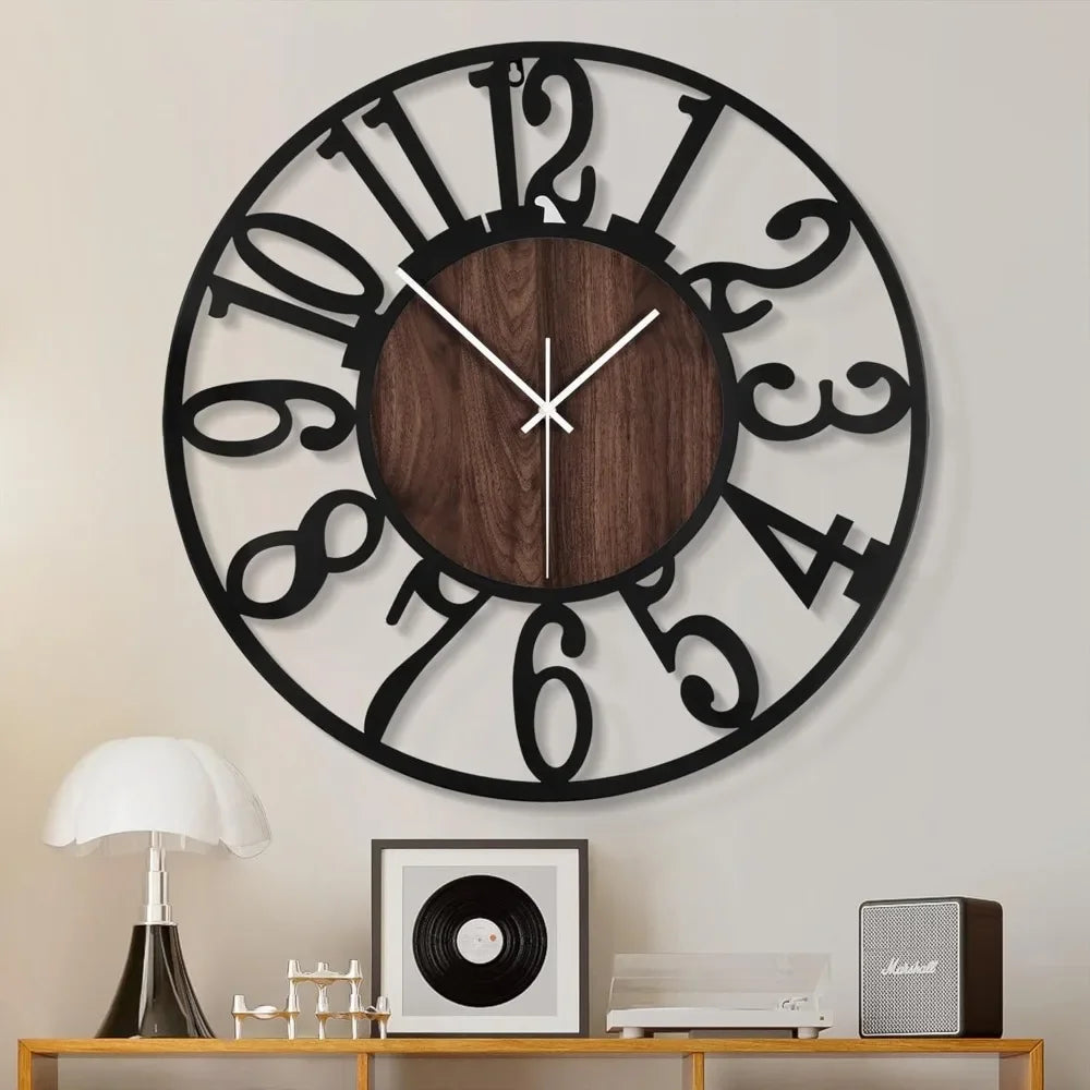 Round Black Metal Wood Wall Clock – 24-Inch Silent Decorative Clock