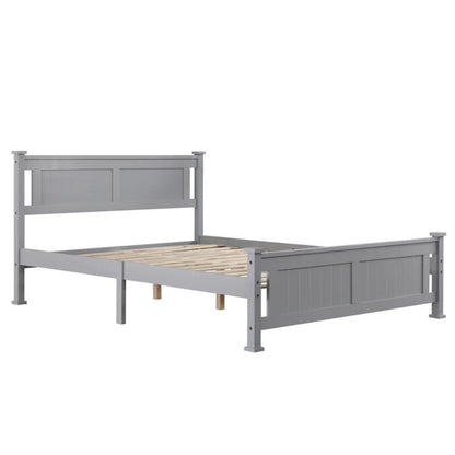 Solid Wood Bed Frame with Geometric Pattern Headboard – Available in Queen, Full, and Twin Sizes, Grey Finish, Easy Assembly, No Box Spring Needed