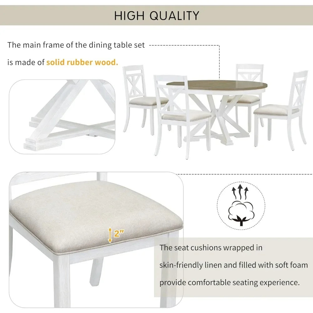Extendable Round Dining Table Set for 4-6, 5-Piece Solid Wood Dining Set with 12-Inch Leaf