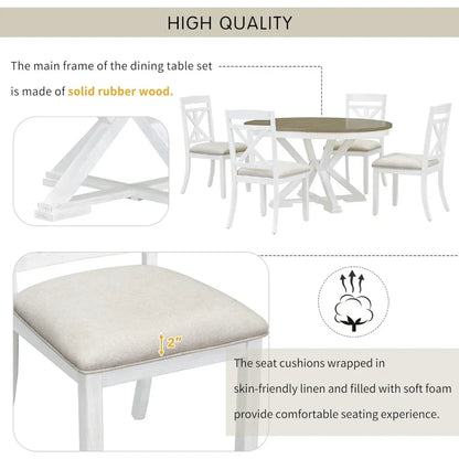 Extendable Round Dining Table Set for 4-6, 5-Piece Solid Wood Dining Set with 12-Inch Leaf
