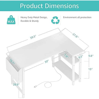 Modern L-Shaped Computer Desk with Built-in Power Strip and Storage Shelves – Wooden