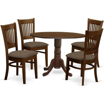 5-Piece Mid-Century Dining Set – Round Drop-Leaf Table with 4 Linen Upholstered Chairs, Rubber Wood, Espresso Finish