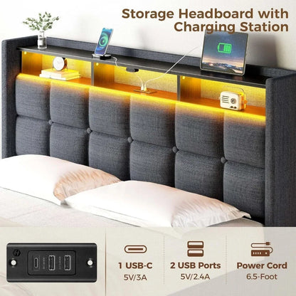 Full-Size Metal Platform Bed with Storage - LED Lights and USB Charging Station