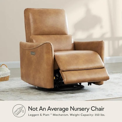 Faux Leather Power Glider Swivel Rocker Recliner Chair with USB Ports and Extended Footrest – Cognac Brown