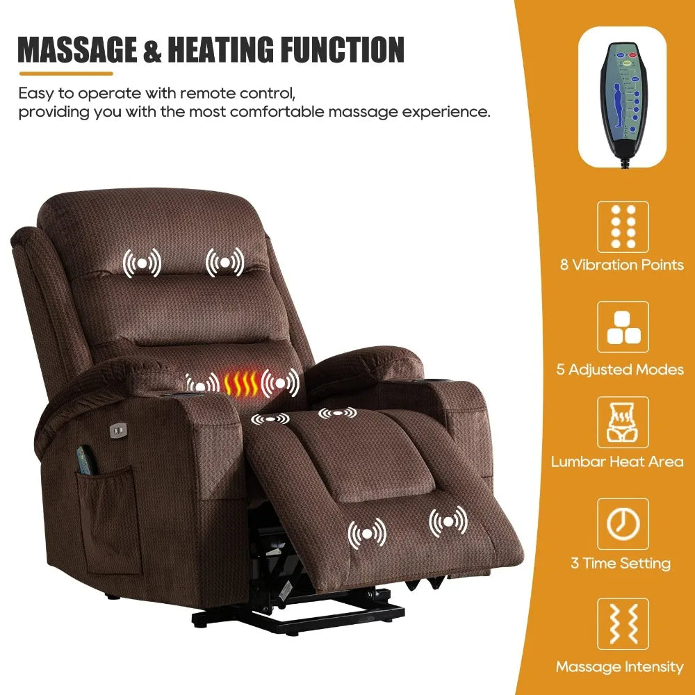 Electric Power Lift Recliner Chair with Full-Body Vibration and Heating for Elderly, USB Charging, Massage Functions, and Cup Holders