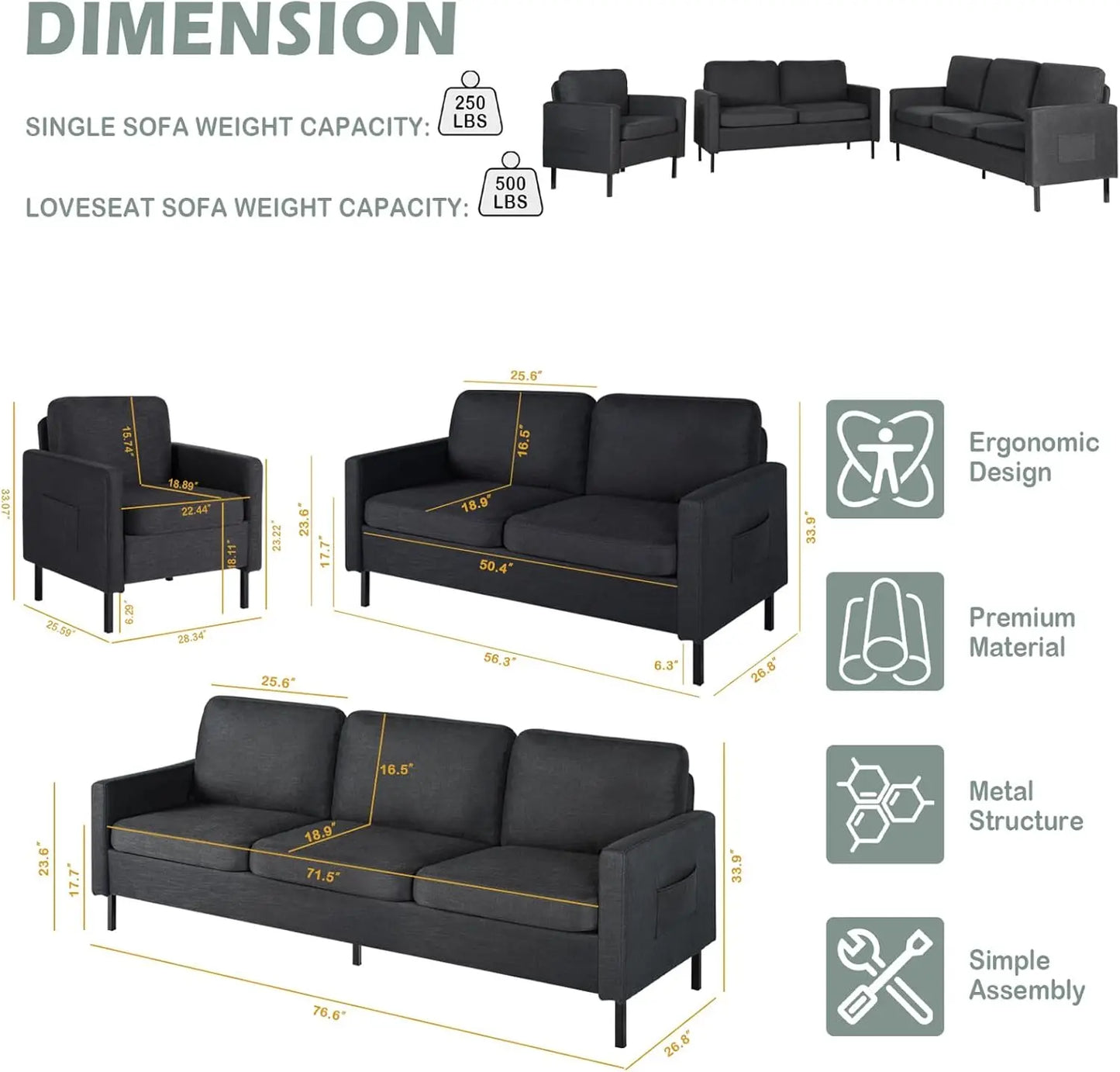 3 Piece Living Room Furniture Sets, 3 Seat Couch and Loveseat with 2 USB, Single Sofa Accent Chair, Modern Small Couches