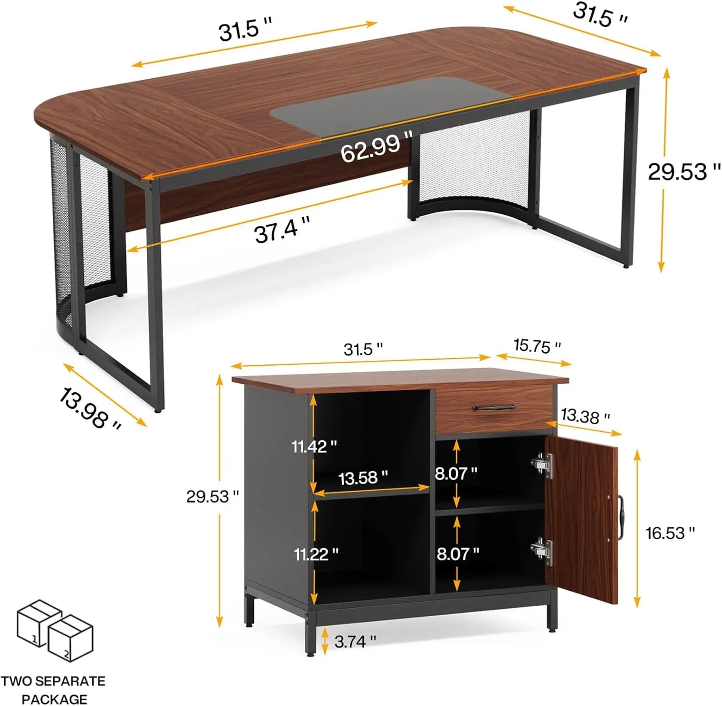 63" L-Shaped Executive Desk with Storage Cabinet – Vintage Walnut Wood Grain Office Desk, Spacious Workstation