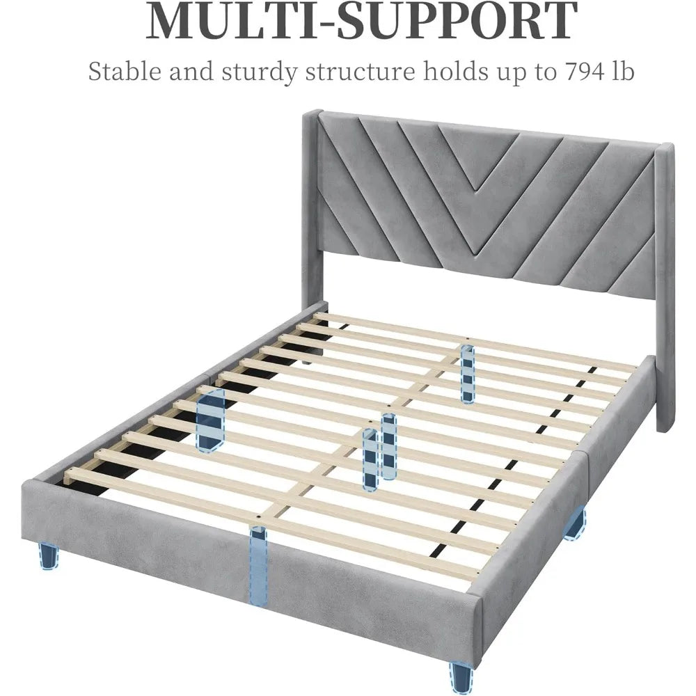 Velvet Upholstered Platform Bed with Wing Side Design – Sturdy, Squeak Resistant Frame, Foam-Padded Headboard, No Box Spring Needed